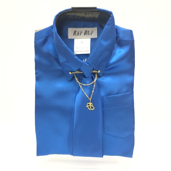 Hip Hop Boys Royal Satin Blue Dress Shirt Matching Royal Blue Clip-on Tie Size 2 - Picture 2 of 2